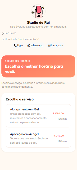 Página pública de agendamento do Studio da Rai, exemplo real feito com usecarmen