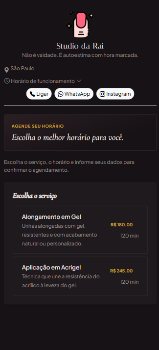 Tema Noite da página pública de agendamento